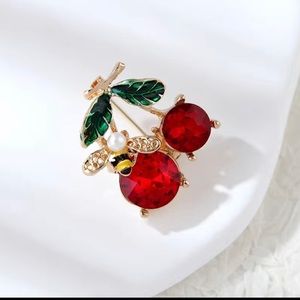 NWT - Spring & Summer Cherry and Bee Rhinestone & Enamel Brooch